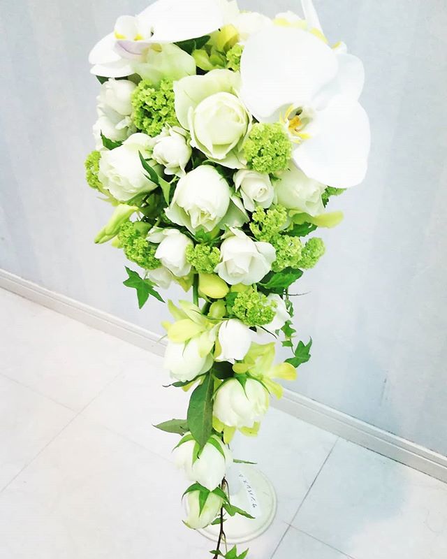 胡蝶蘭がアクセントのブーケ春の結婚式に似合う 　爽やか白＆グリーンカラー #weddingbouquet#胡蝶蘭#バラ#デンファレ#ビバーナム　#キャスケードブーケ#生花ブーケ#2019春婚 #2019夏婚 #2019秋婚 #大人ウエディング　#花好き#プレ花嫁 #福島市#オーダーフラワー#フラワーコーディネーター (Instagram)